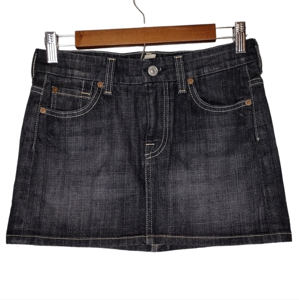 7 For All Mankind "A" Pocket Sz 26 Low-Rise Y2K Dark Indigo Whiskered Mini Skirt